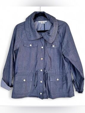 Women's Chambray Utility Jacket with Drawstring Waist - Blue